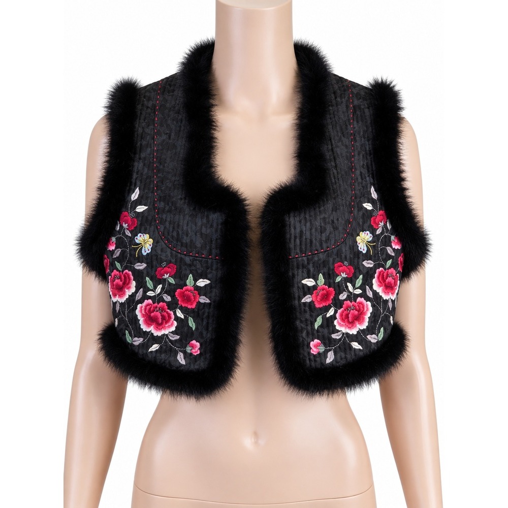 Vintage Black Floral Embroidered Faux Fur Trim Cropped Vest Women's Small
